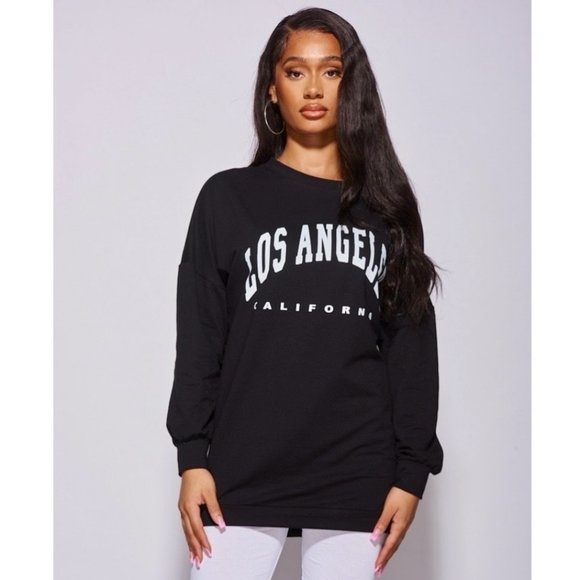 Black Los Angeles Print Long Sleeve Loose Fit Oversized Sweatshirt Top - Picture 9 of 10